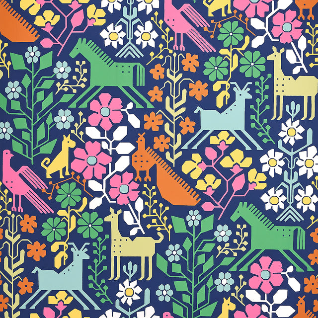 LUPITA wallpaper in Multi on Navy by Schumacher, featuring a vibrant folk-inspired animal and floral pattern.