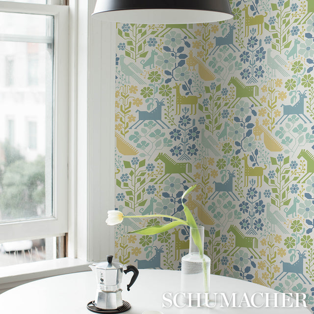 LUPITA Blues and Greens by Schumacher Whimsical Animal Wallpaper – Schumacher 5013761