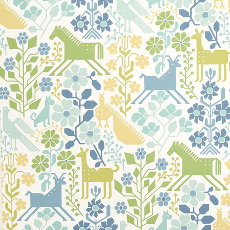 LUPITA wallpaper in blues and greens with whimsical animal and floral motifs by Schumacher, shown in a styled interior and close-up views.