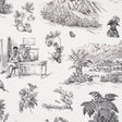 Toussaint Toile wallpaper in black on ivory by Victor Glemaud for Schumacher, featuring historic Haitian scenes, flowers, and landscapes in a traditional toile style.