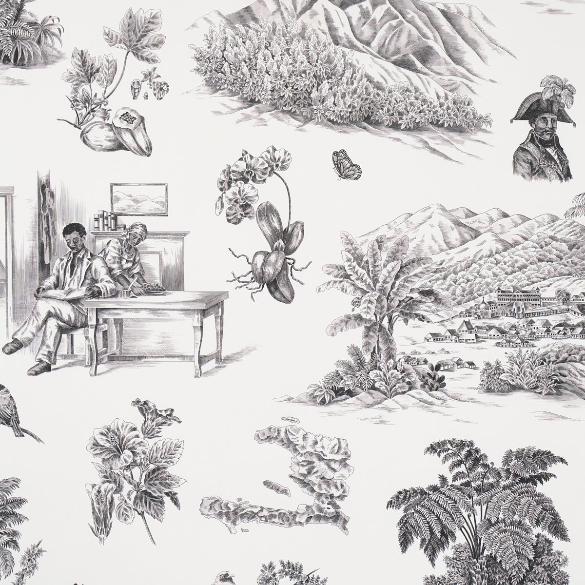Toussaint Toile wallpaper in black on ivory by Victor Glemaud for Schumacher, featuring historic Haitian scenes, flowers, and landscapes in a traditional toile style.