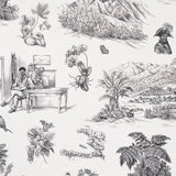 Toussaint Toile wallpaper in black on ivory by Victor Glemaud for Schumacher, featuring historic Haitian scenes, flowers, and landscapes in a traditional toile style.