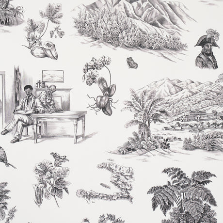 Toussaint Toile wallpaper in black on ivory by Victor Glemaud for Schumacher, featuring historic Haitian scenes, flowers, and landscapes in a traditional toile style.