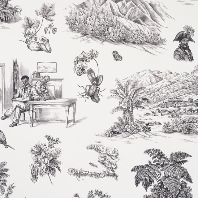 Toussaint Toile wallpaper in black on ivory by Victor Glemaud for Schumacher, featuring historic Haitian scenes, flowers, and landscapes in a traditional toile style.