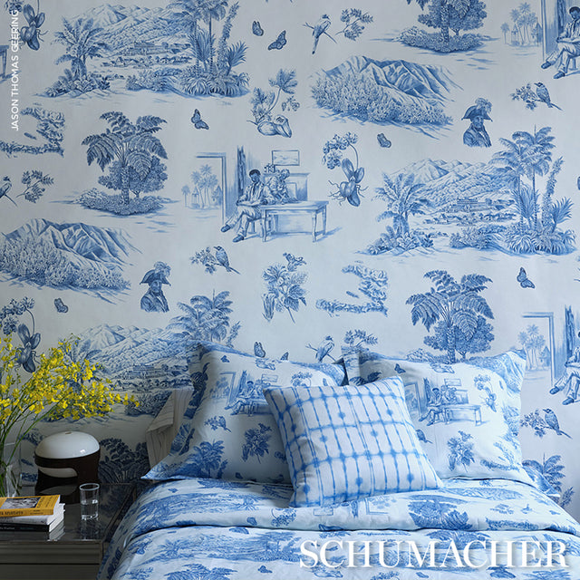 Toussaint Toile Blue on Ivory by Victor Glemaud Scenic Toile Wallpaper – Schumacher 5013771