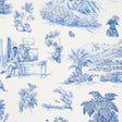 Toussaint Toile wallpaper in blue on ivory by Victor Glemaud for Schumacher, featuring historic Haitian scenes, flowers, and landscapes in a traditional toile style.