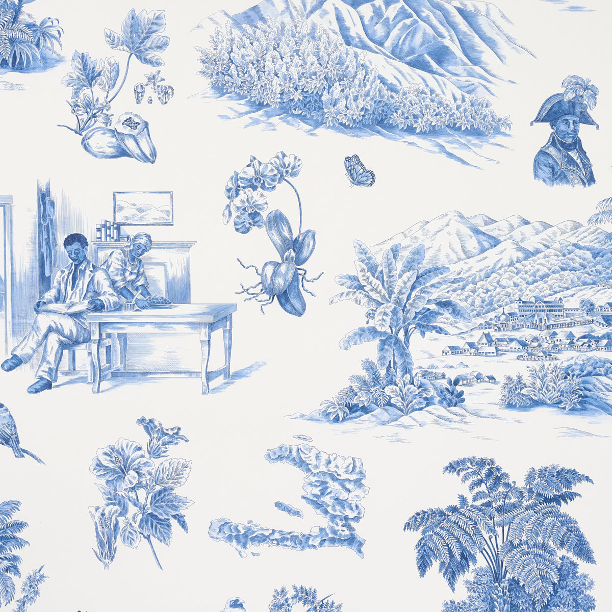 Toussaint Toile wallpaper in blue on ivory by Victor Glemaud for Schumacher, featuring historic Haitian scenes, flowers, and landscapes in a traditional toile style.