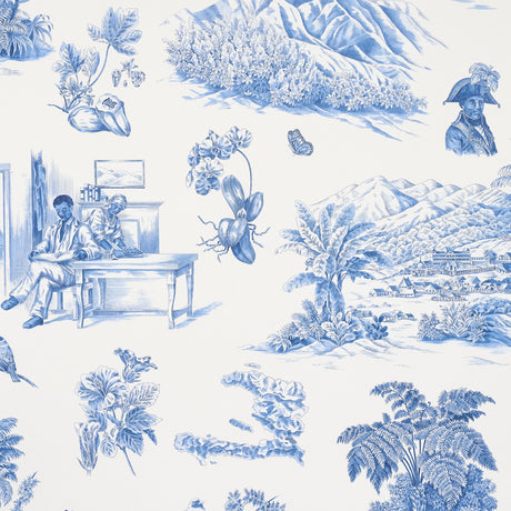 Toussaint Toile wallpaper in blue on ivory by Victor Glemaud for Schumacher, featuring historic Haitian scenes, flowers, and landscapes in a traditional toile style.