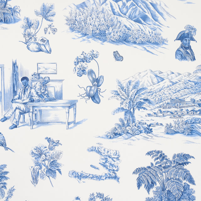 Toussaint Toile wallpaper in blue on ivory by Victor Glemaud for Schumacher, featuring historic Haitian scenes, flowers, and landscapes in a traditional toile style.