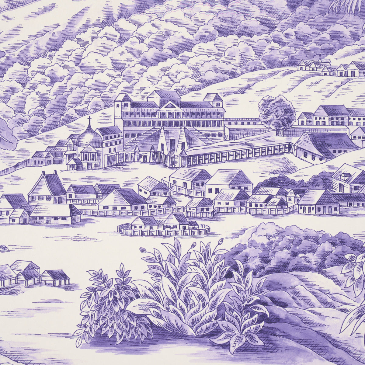 Toussaint Toile Purple on Cream by Victor Glemaud Scenic Caribbean Wallpaper – Schumacher 5013772