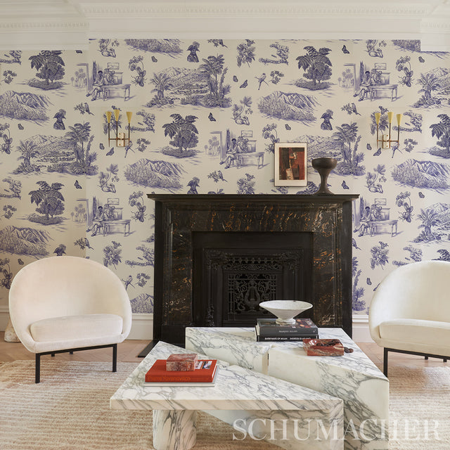 Toussaint Toile Purple on Cream by Victor Glemaud Scenic Caribbean Wallpaper – Schumacher 5013772