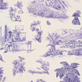 Toussaint Toile wallpaper in purple on cream by Victor Glemaud for Schumacher, featuring Caribbean-inspired scenic toile with historic and botanical motifs.