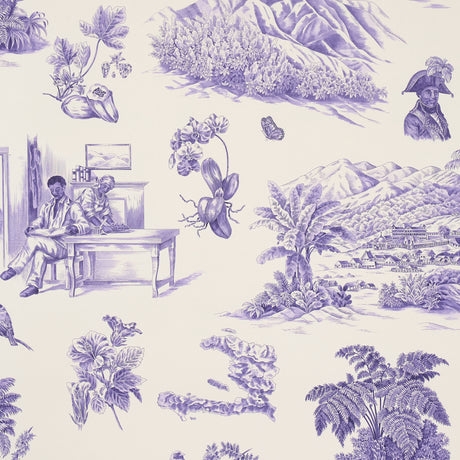 Toussaint Toile wallpaper in purple on cream by Victor Glemaud for Schumacher, featuring Caribbean-inspired scenic toile with historic and botanical motifs.