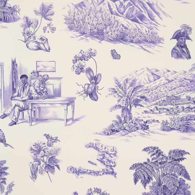 Toussaint Toile wallpaper in purple on cream by Victor Glemaud for Schumacher, featuring Caribbean-inspired scenic toile with historic and botanical motifs.