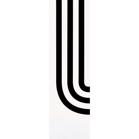 Virginia Panel A by Victor Glemaud for Schumacher, black and white modern supergraphic stripe wallpaper panel, shown in various configurations and installed in a contemporary interior.