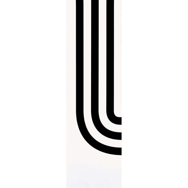 Virginia Panel A by Victor Glemaud for Schumacher, black and white modern supergraphic stripe wallpaper panel, shown in various configurations and installed in a contemporary interior.