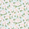 Fabienne Sky floral wallpaper by Schumacher, designed by Victor Glemaud, featuring painterly hibiscus flowers and green leaves on a light blue background.