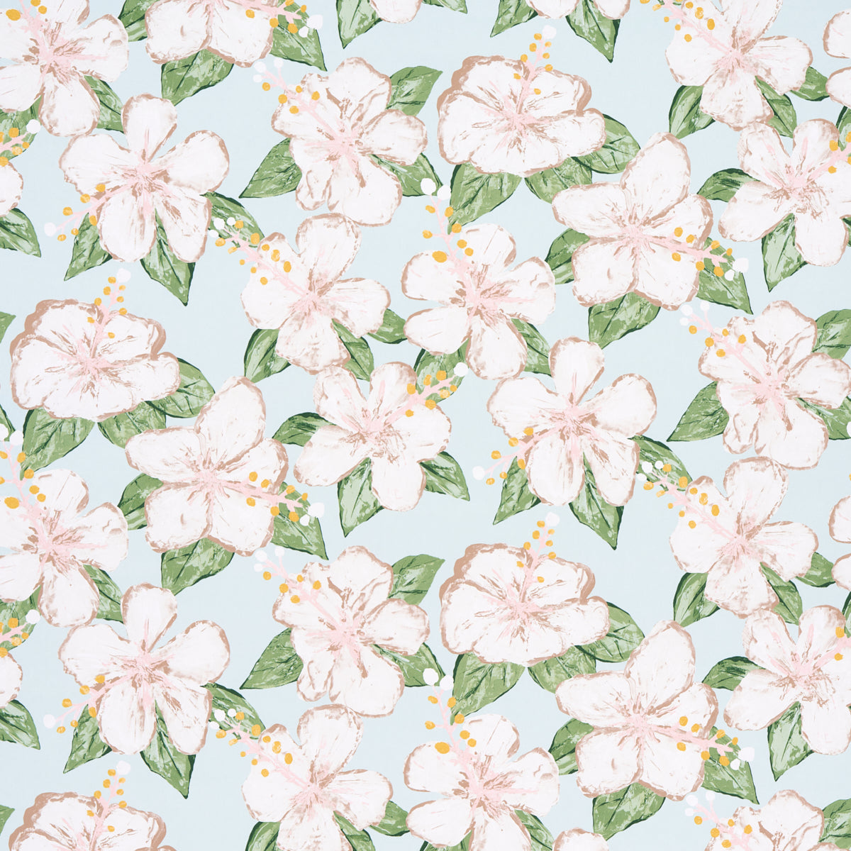 Fabienne Sky floral wallpaper by Schumacher, designed by Victor Glemaud, featuring painterly hibiscus flowers and green leaves on a light blue background.