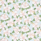 Fabienne Sky floral wallpaper by Schumacher, designed by Victor Glemaud, featuring painterly hibiscus flowers and green leaves on a light blue background.
