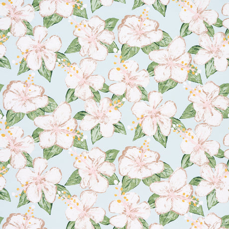 Fabienne Sky floral wallpaper by Schumacher, designed by Victor Glemaud, featuring painterly hibiscus flowers and green leaves on a light blue background.