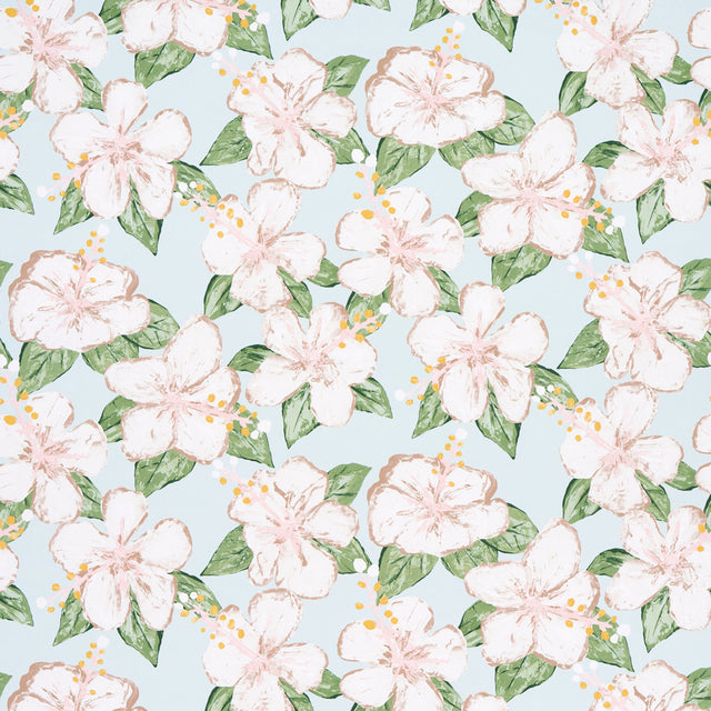 Fabienne Sky floral wallpaper by Schumacher, designed by Victor Glemaud, featuring painterly hibiscus flowers and green leaves on a light blue background.