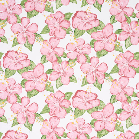 Fabienne Pink floral wallpaper by Victor Glemaud for Schumacher, featuring hand-painted hibiscus flowers and green leaves on a white background.