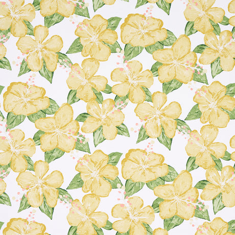 Fabienne yellow floral wallpaper by Victor Glemaud for Schumacher, featuring painterly hibiscus flowers and green leaves on a white background.