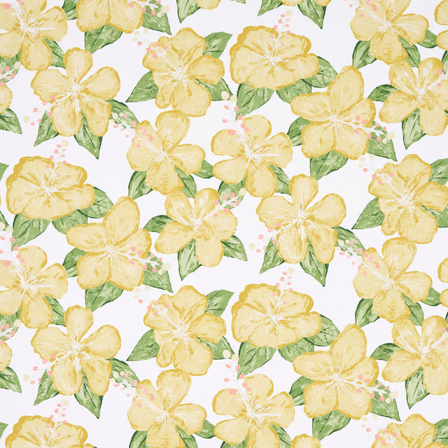 Fabienne yellow floral wallpaper by Victor Glemaud for Schumacher, featuring painterly hibiscus flowers and green leaves on a white background.