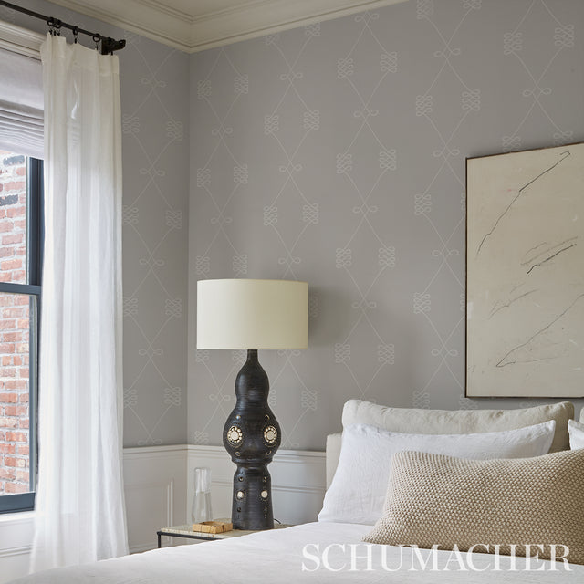 Nicolette White on Grey Trellis Wallpaper – Schumacher 5013831
