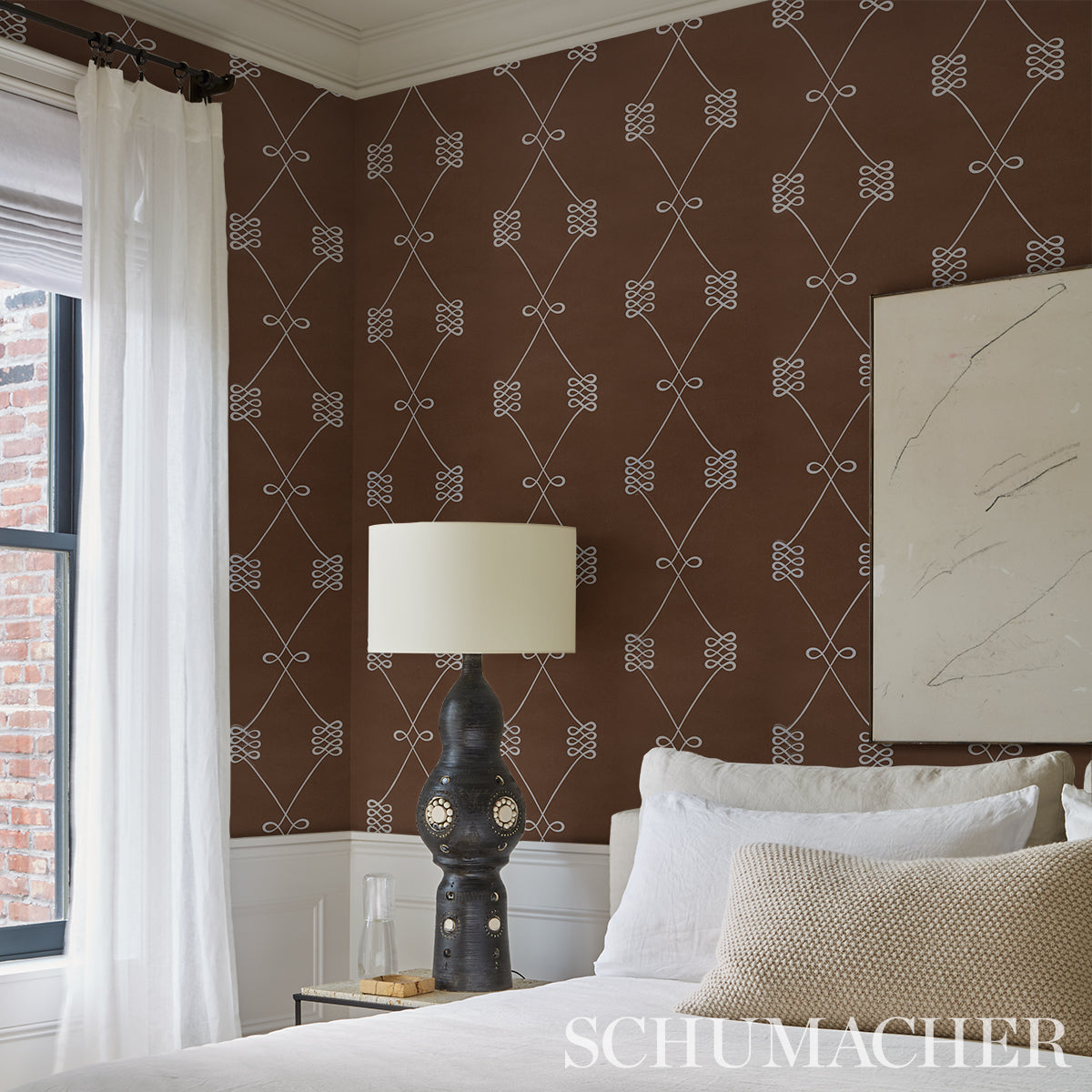 Nicolette Silver on Brown Trellis Wallpaper – Schumacher 5013832