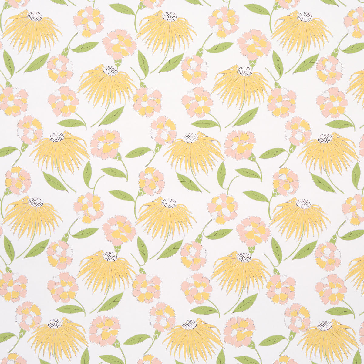 Bouquet Toss in Pink Lemonade by Celerie Kemble for Schumacher. Retro floral wallpaper with yellow and pink blooms and green leaves on a white background.