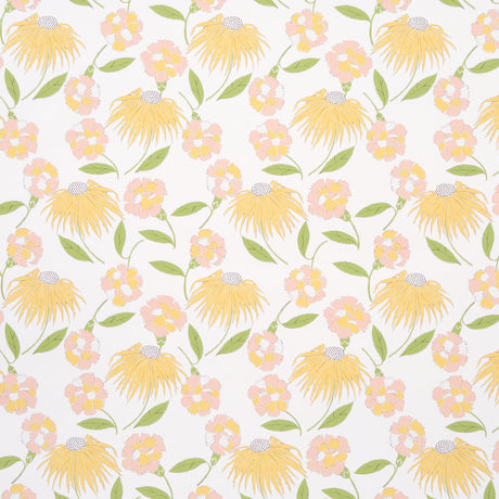 Bouquet Toss in Pink Lemonade by Celerie Kemble for Schumacher. Retro floral wallpaper with yellow and pink blooms and green leaves on a white background.