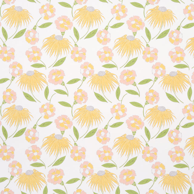 Bouquet Toss in Pink Lemonade by Celerie Kemble for Schumacher. Retro floral wallpaper with yellow and pink blooms and green leaves on a white background.
