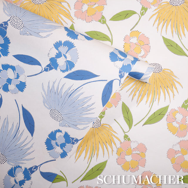 Bouquet Toss Afternoon Blue by Celerie Kemble Retro Floral Wallpaper – Schumacher 5013841