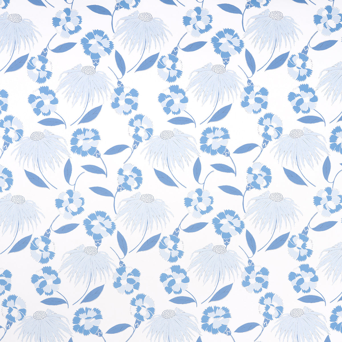 Bouquet Toss in Afternoon Blue by Celerie Kemble for Schumacher. A retro-inspired floral wallpaper with blue and white blooms and leaves.