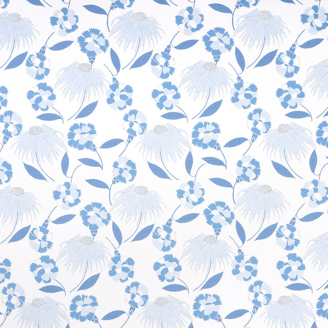 Bouquet Toss in Afternoon Blue by Celerie Kemble for Schumacher. A retro-inspired floral wallpaper with blue and white blooms and leaves.