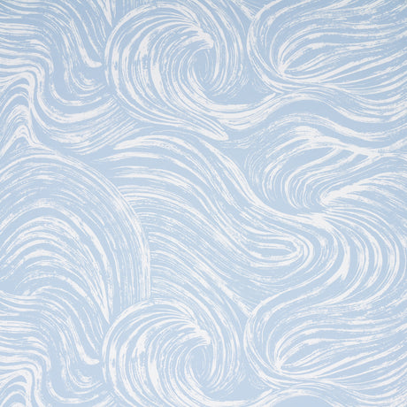 SHIO wallpaper in Sky by Schumacher, featuring a swirling abstract pattern in light blue and white.