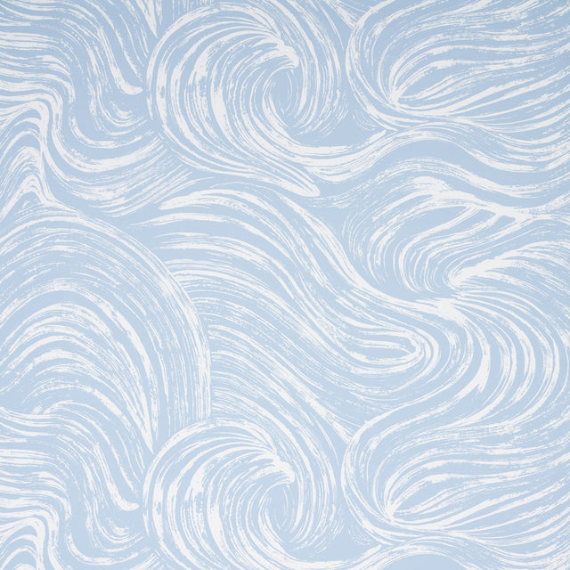 SHIO wallpaper in Sky by Schumacher, featuring a swirling abstract pattern in light blue and white.