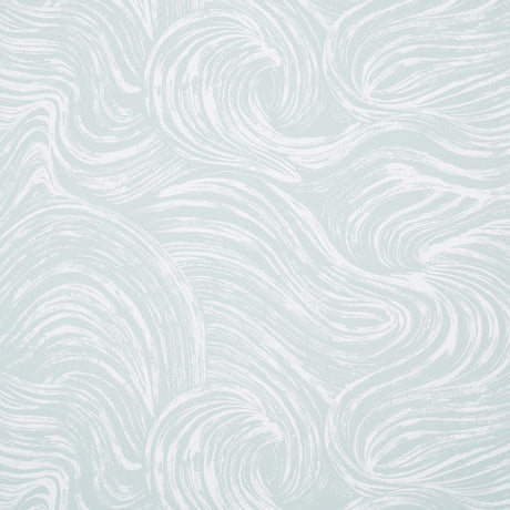 Shio Mineral wallpaper by Schumacher featuring a swirling abstract pattern in soft mineral blue and white tones.