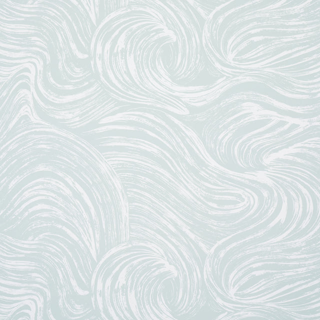 Shio Mineral wallpaper by Schumacher featuring a swirling abstract pattern in soft mineral blue and white tones.
