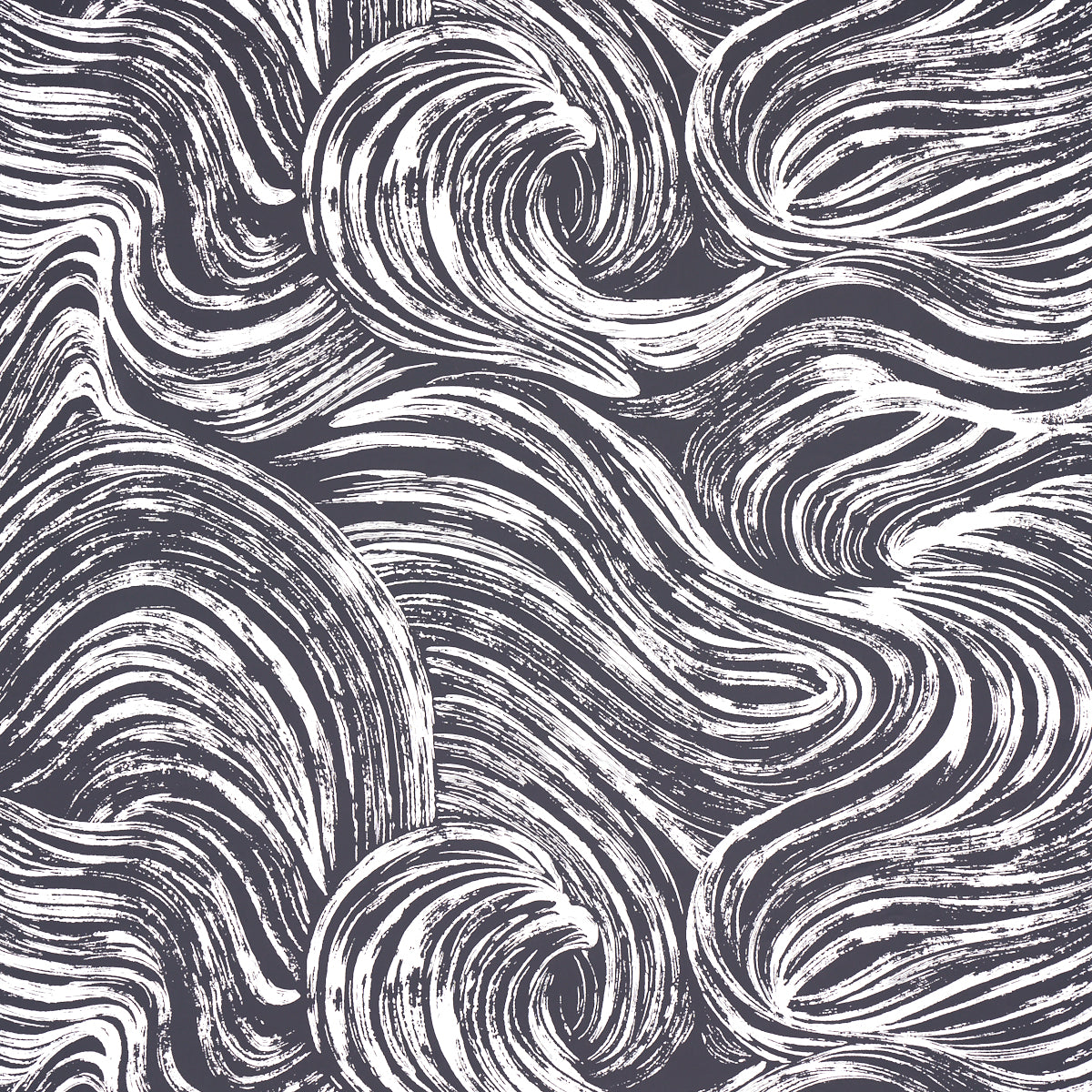 SHIO Carbon wallpaper by Schumacher featuring a dynamic, abstract brushstroke pattern in black and white, shown in a modern bedroom setting.