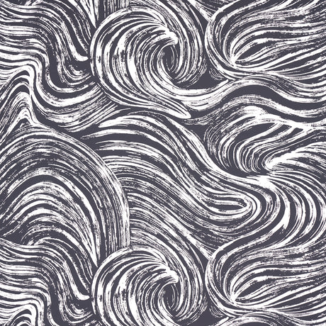 SHIO Carbon wallpaper by Schumacher featuring a dynamic, abstract brushstroke pattern in black and white, shown in a modern bedroom setting.