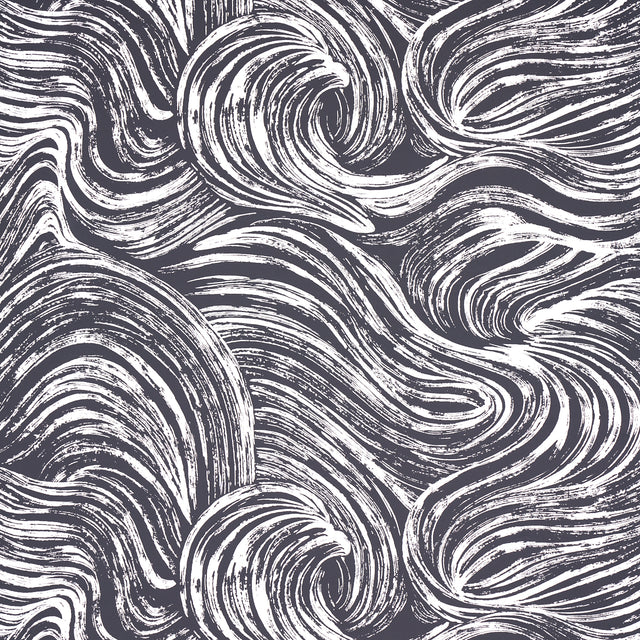 SHIO Carbon wallpaper by Schumacher featuring a dynamic, abstract brushstroke pattern in black and white, shown in a modern bedroom setting.