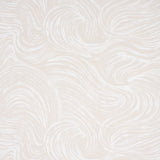 Neutral abstract swirl pattern wallpaper from Schumacher's Full Bloom collection, shown in a styled bedroom setting.