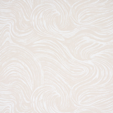 Neutral abstract swirl pattern wallpaper from Schumacher's Full Bloom collection, shown in a styled bedroom setting.