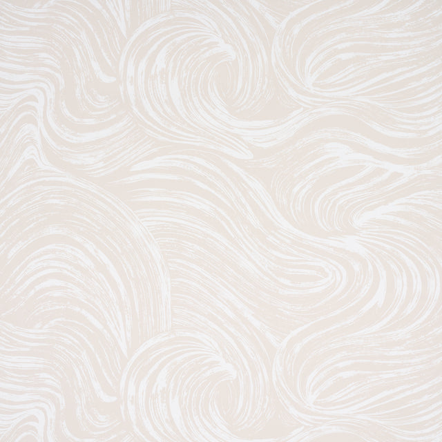 Neutral abstract swirl pattern wallpaper from Schumacher's Full Bloom collection, shown in a styled bedroom setting.