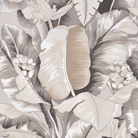 BOTANICO METALLIC wallpaper in platinum, featuring a hand-screened tropical palm frond design with metallic shimmer by Schumacher.