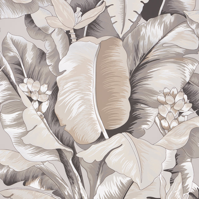 BOTANICO METALLIC wallpaper in platinum, featuring a hand-screened tropical palm frond design with metallic shimmer by Schumacher.