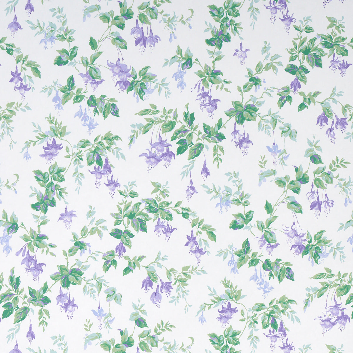 Garden Gate wallpaper in violet with a painterly floral and leafy design, shown in a styled interior and close-up views.