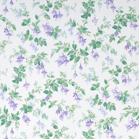 Garden Gate wallpaper in violet with a painterly floral and leafy design, shown in a styled interior and close-up views.
